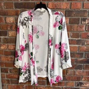 Japna Lounge womens floral crochet trim kimono robe white XL
